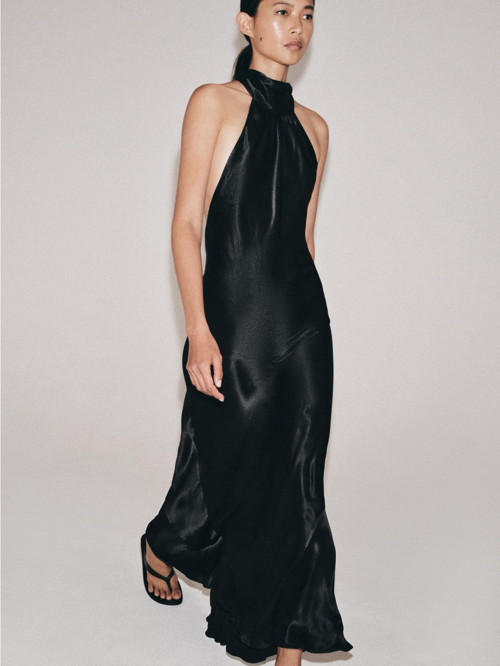 Satin Halter Maxi Dress in Black